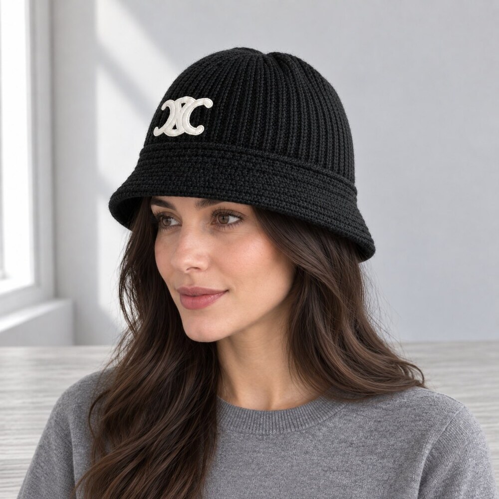 CELINE Black Ribbed Knit Bucket Hat - Picture 3 of 6